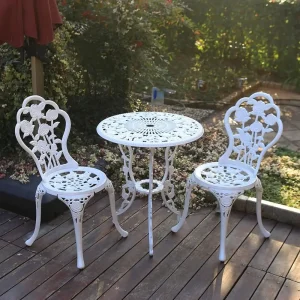 3-Piece Bistro Set - Outdoor Patio Table Set, Anti-Rust Cast Aluminum, White