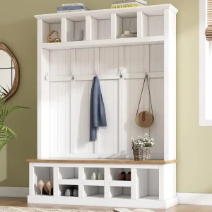 Wood Hall Tree Entryway Bench with Storage Cabinet, 6 Hooks Coat Racks for Entrance, Hallway White