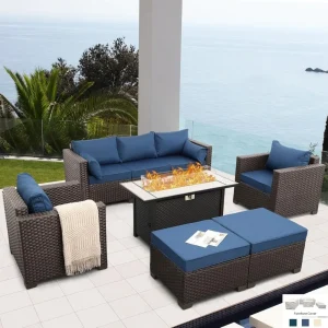 6-Piece Outdoor Furniture Set with Propane Gas Fire Pit Table  Wicker Sofa Set Non-Slip Cushions Waterproof Covers