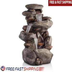 4-Tier Rock Water Fountain Outdoor Garden Patio with Natural Stone Look LED Lights Relaxing Water Flowing Cascade Durable Decor